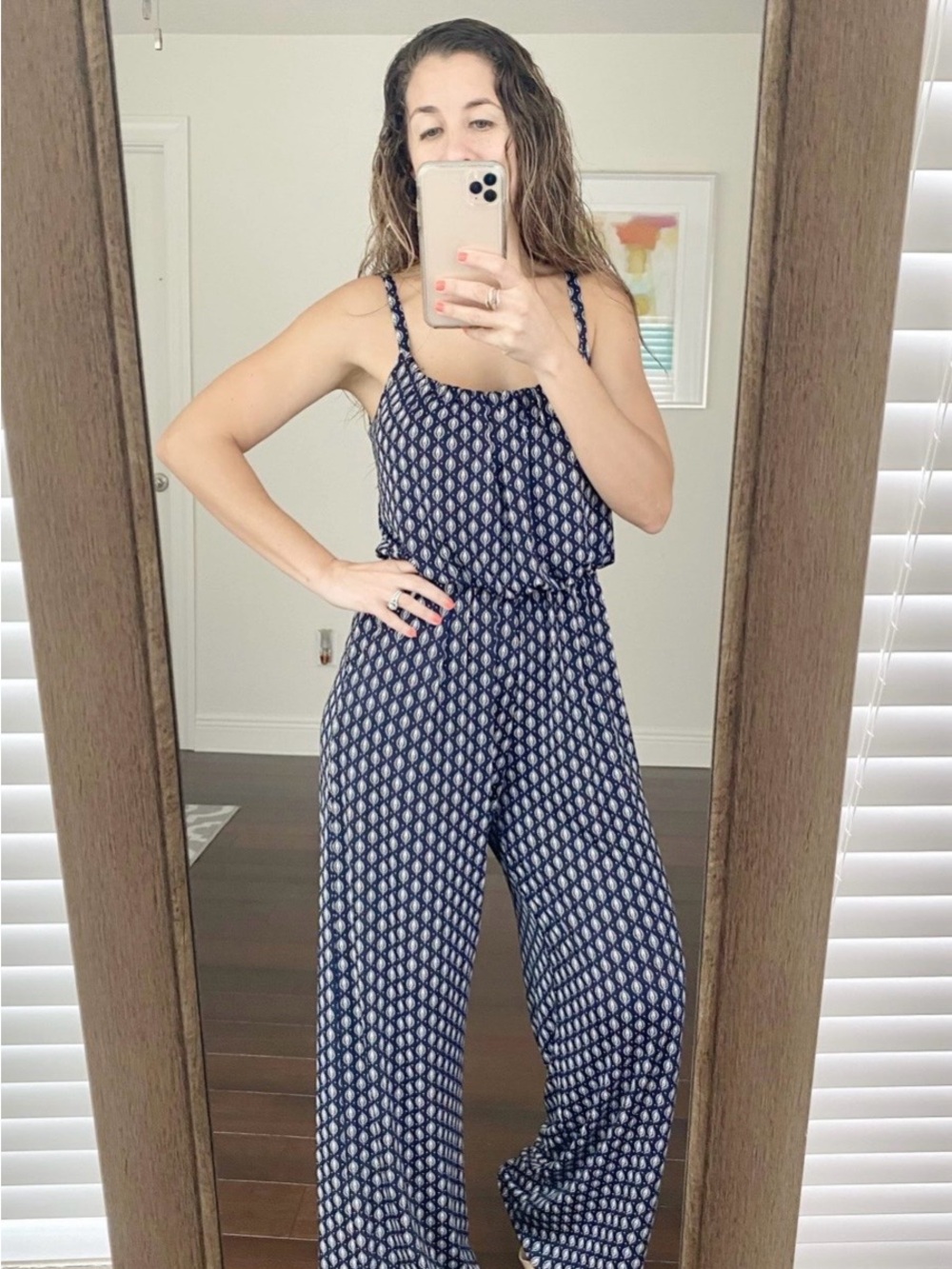 Kaileigh Navy & White Printed Spaghetti-Strap Jumpsuit - Picture 2 of 2